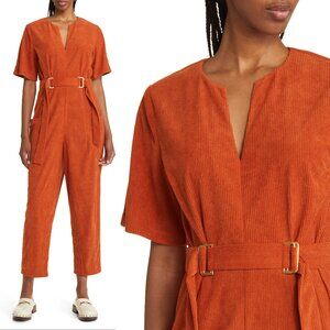 Du Paradis Belted Corduroy JUMPSUIT Size M Rust Orange Short Sleeve Tapered NEW